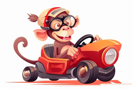 Funny monkey driving a racing car, cartoon style. AI generated