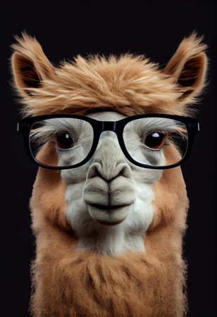 Portrait of a cute alpaca with glasses. AI generatedの写真素材
