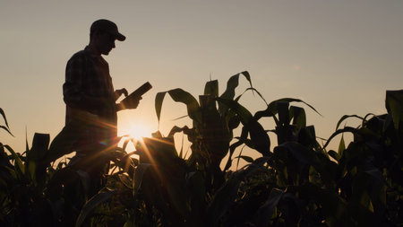 Silhouette of a male farmer in a corn field. Uses a tablet at sunsetの写真素材