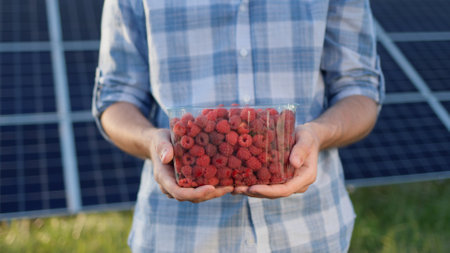 A farmer holds a plastic container with fresh raspberries. The panels of the solar power plant can be seen in the backgroundの写真素材