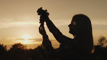 A successful woman farmer admires the fruits of his labor. She stands near grape at sunsetの写真素材