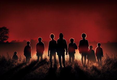 Several young people stand at night in a clearing, seeing only silhouettes in the orange light. AI Generatedの素材