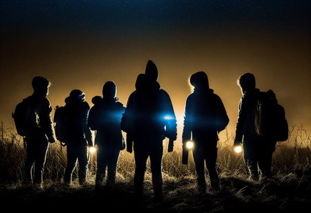 Several young people stand at night in a clearing, seeing only silhouettes in the orange light. AI Generatedの素材