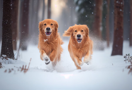 Two golden retrievers run through the winter park in the white snow forest. AI Generatedの素材