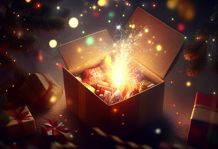 Glowing Christmas box with gifts against the background of colorful lights and garlands. AI Generatedの素材