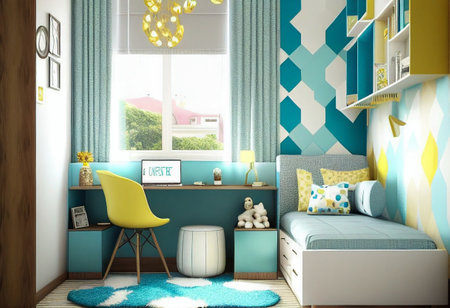 The interior of a stylish childrens room in bright contrasting colors. AI generatedの写真素材