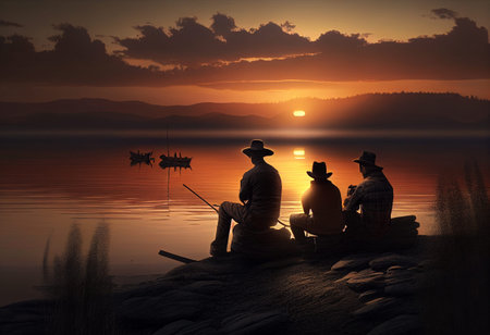 Three fishermen are standing on the shore of a reservoir with fishing rods and waiting for a bite, silhouettes are visible at sunset. AI generatedの写真素材