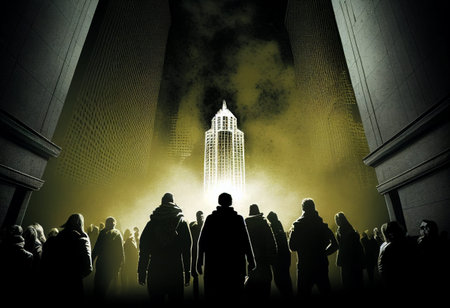 Silhouettes of people stand at a rally in the rays of the setting sun on the street of a big city....