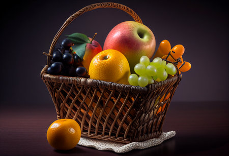Large wicker basket with ripe fruits on a dark background. AI generatedの写真素材