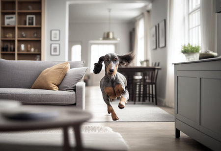 Domestic dog peeps towards you in a cozy modern apartment. AI Generatedの写真素材