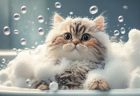 A small fluffy kitten bathes in a bath with foam and bubbles. AI generatedの写真素材