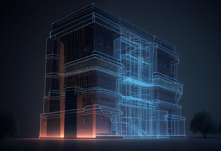 Computer 3D Model of a multi-storey building in the design department. AI generatedの写真素材