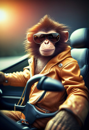 A funny monkey in a jacket and sunglasses sits behind the wheel of a car. AI Generatedの素材