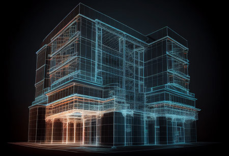 Computer 3D Model of a multi-storey building in the design department. AI generated