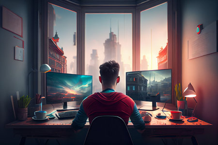 The programmer works in the office, outside the window is a big city. AI generatedの写真素材