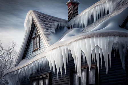 Many long icicles near the roof of a wooden house. AI generatedの写真素材