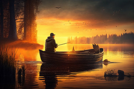 A fisherman catches fish in a picturesque lake at sunset. AI generatedの写真素材