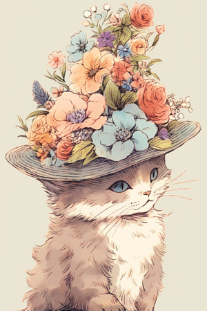 Watercolor of a gentle cat in flowers and a hatの写真素材