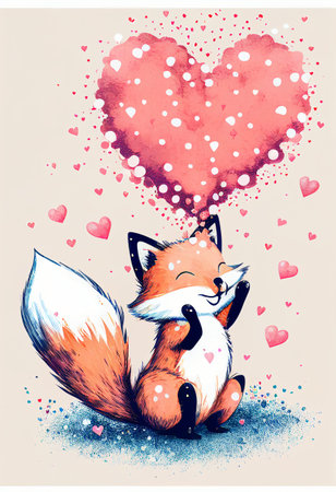 Happy fox cub with hearts around. Valentines Day. AI generatedの写真素材