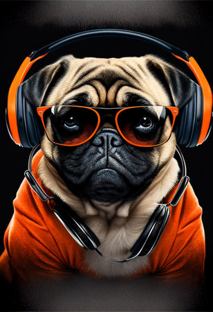 Portrait of a pug dog wearing headphones and sunglasses. AI generatedの写真素材