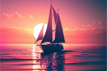 Sailing boat in the sea against the pink sky. AI generated
