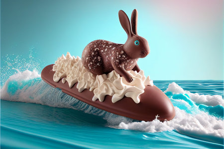 A chocolate bunny rides a surfboard in a sea of milk and chocolate. AI generated.
