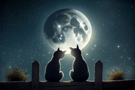 A cute couple of cats sits on a fence against the background of the night sky and the moon. AI generated.の写真素材