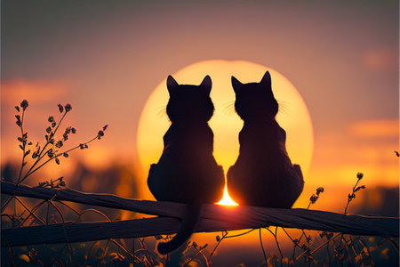 Cute couple of cats sitting on the fence against the backdrop of the setting sun. AI generated.の写真素材