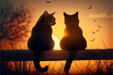 Cute couple of cats sitting on the fence against the backdrop of the setting sun. AI generated.