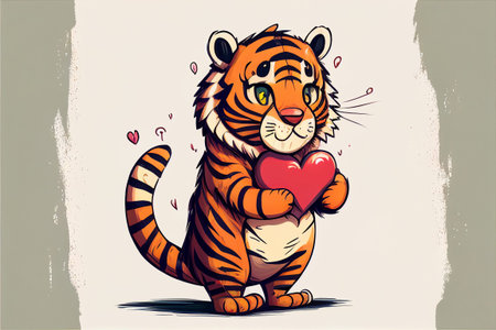 Cute tiger cub with a heart in its paws. AI generatedの写真素材