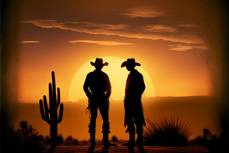 Two cowboys in front of a beautiful sunset. AI generated.の写真素材