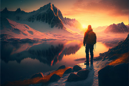 The traveler meets the dawn in the mountains. AI generated.