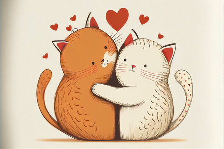 Two cats in love hugging, Valentines Day card. AI generated.の写真素材