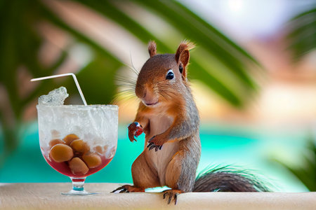 Squirrel lion is resting at the resort with a cocktail. AI generated.の写真素材