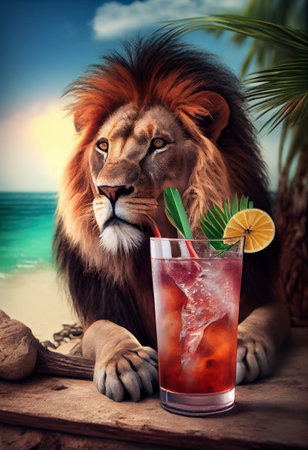 Terrible lion is resting at the resort with a cocktail. AI generated.の写真素材