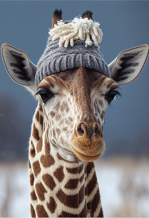 Portrait of a giraffe in a hat and scarf. AI generated.の写真素材