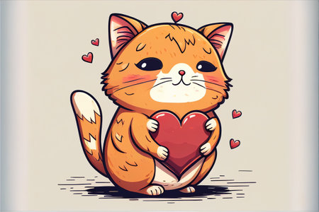 Cute cat holding a heart in its paws - postcard for Valentines Dayt. AI generatedの写真素材