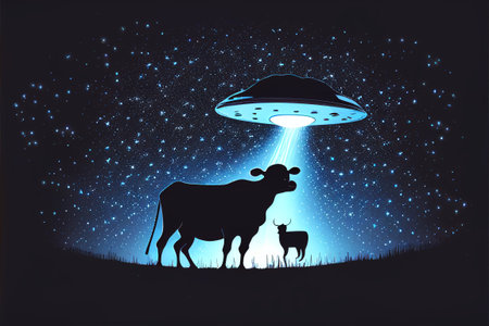 An unidentified flying object abducts a cow. AI generated