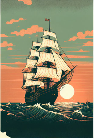 Sailboat in the open sea at sunset. AI generatedの写真素材