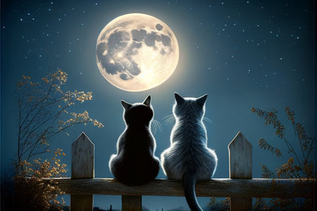 A cute couple of cats sits on a fence against the background of the night sky and the moon. AI generated.の写真素材