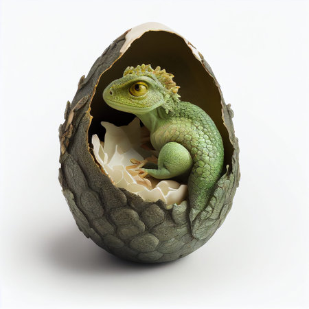 Newborn fairytale dragon in an egg. AI generated.の写真素材