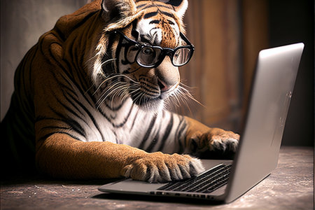 Business Tiger in glasses uses a laptop. AI generated.の写真素材