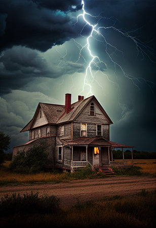 Lightning strike behind a small farmhouse. AI generated