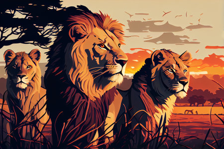 Pride of lions at sunset in the savannah. AI generated.