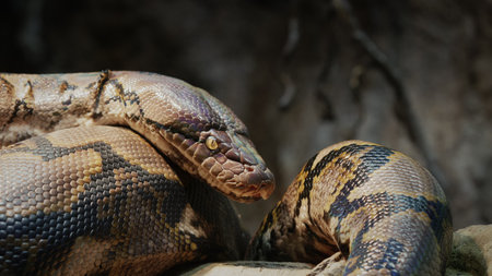 Big reticulated python crawling along the branches of a tree. 4k video