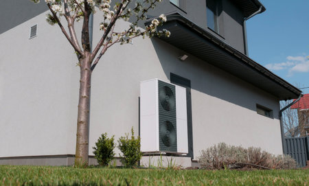 Outdoor unit of a heat pump against the wall of a modern cottageの写真素材