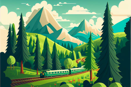Passenger train rides in a picturesque valley. AI generated.の写真素材