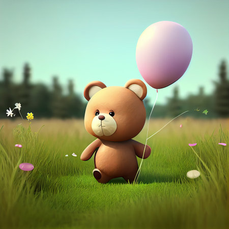 Cute teddy bear runs with a balloon on the lawn. AI generatedの写真素材