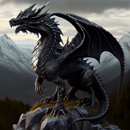 Terrible dragon on the background of mountains. Ai generatedの写真素材