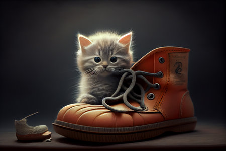 Cute little kitten sits in a boot. AI Generatedの写真素材